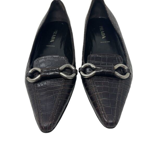 Prada 37 Leather Pointy Toe Brown Low Block Heel Pumps Metal Italy Womens - Picture 4 of 14